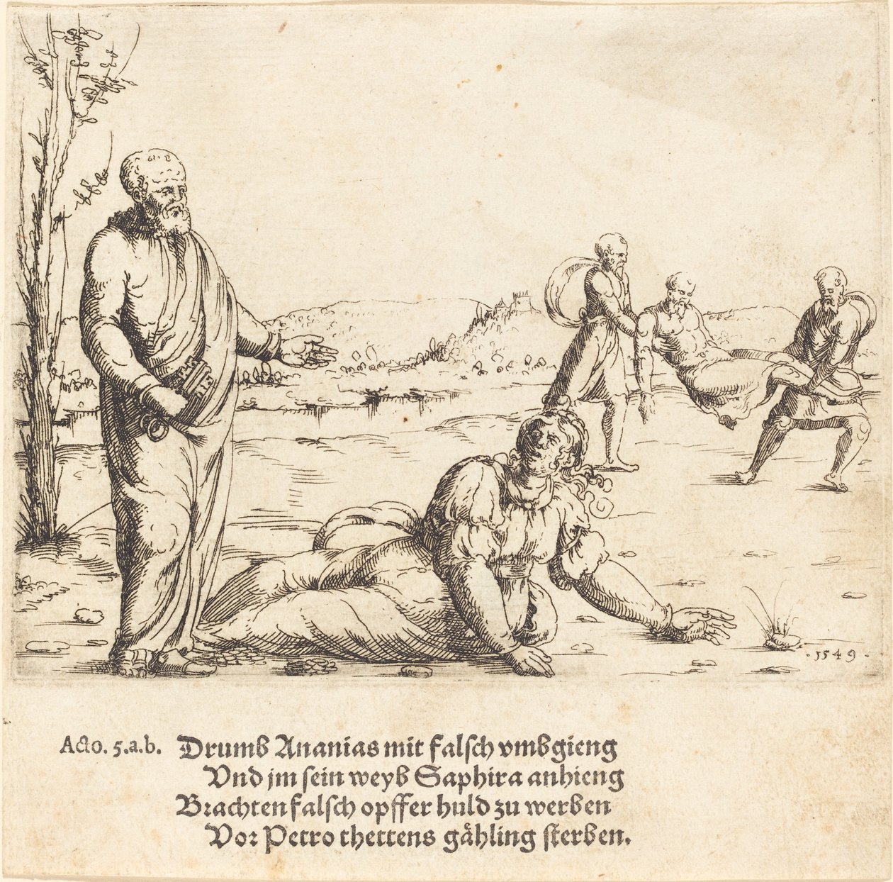 Ananiaksen ja Safiiran rangaistus, 1549. tekijältä Augustin Hirschvogel