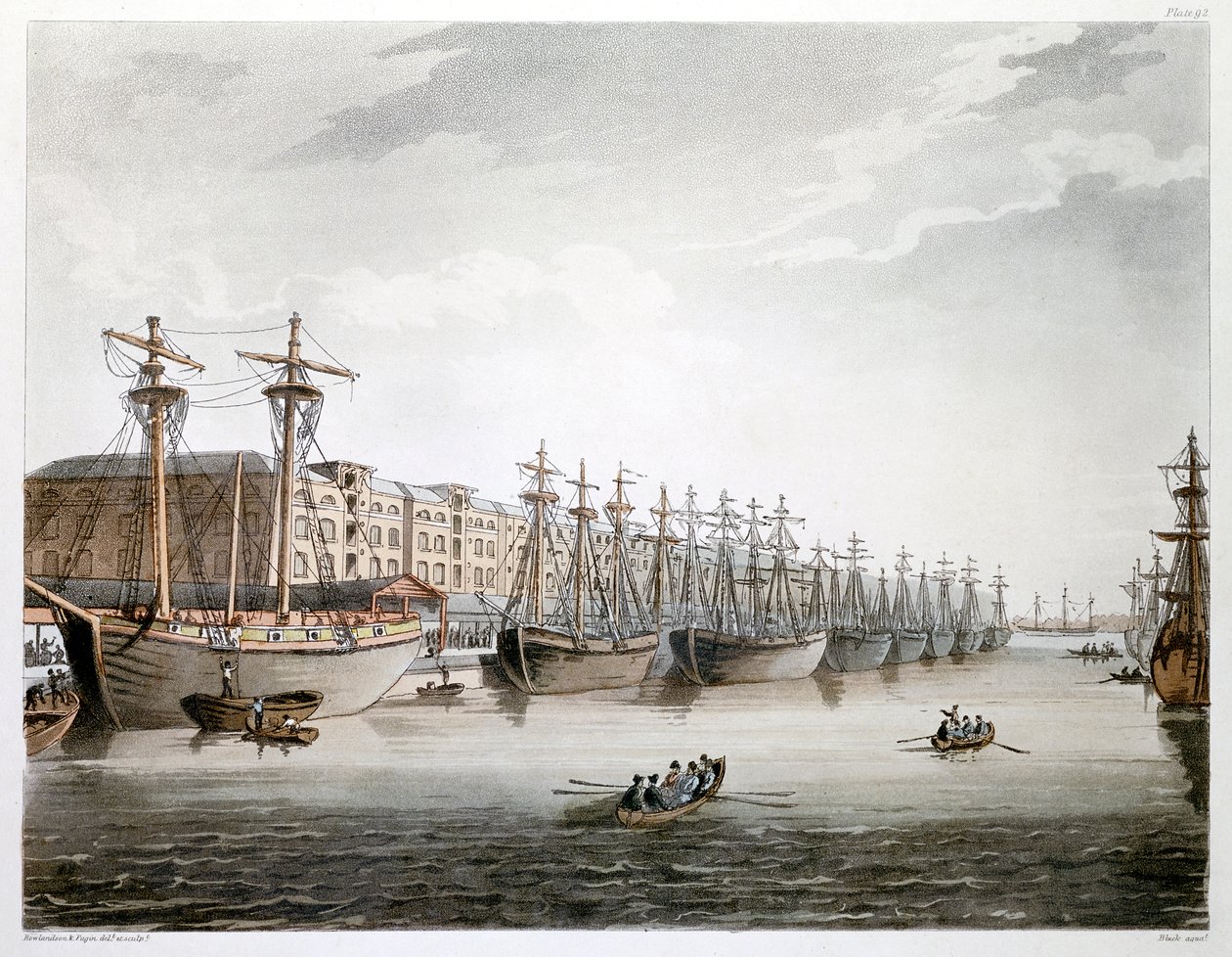 West India Docks, Lontoo, 1808-1810 tekijältä Augustus Charles Pugin, Thomas Rowlandson