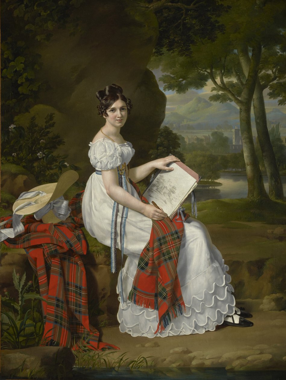 Nainen luonnostelee maisemaa, noin 1830 tekijältä Austrian School