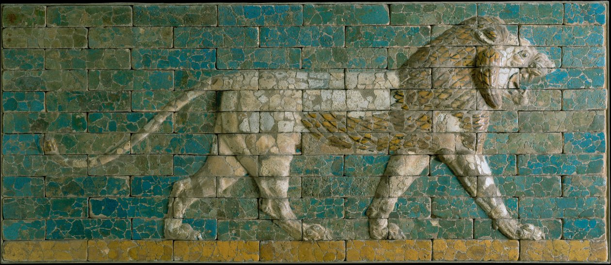 Paneeli harhailevalla leijonalla, n. 600-575 eKr. (lasitettu keramiikka) tekijältä Babylonian