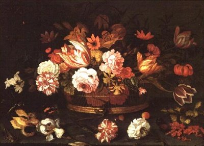 Ruusut, tulppaanit korissa tekijältä Balthasar van der Ast
