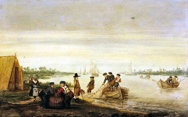 Jokimaisema, jossa kalastajat piirtävät verkkoja tekijältä Barent Avercamp