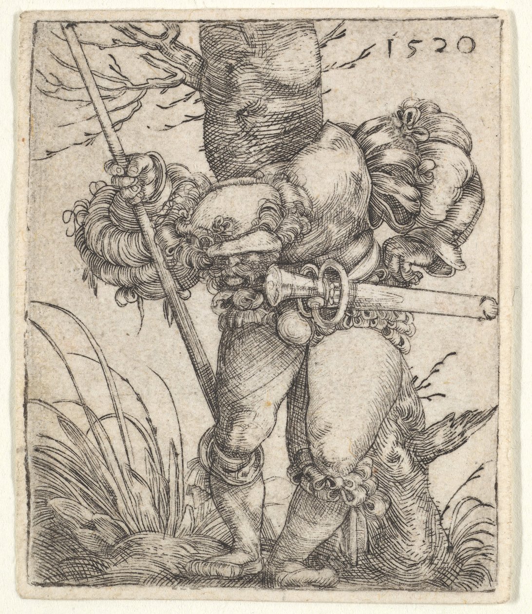 Taivuttava sotilas nojaa puuhun, 1520. tekijältä Barthel Beham