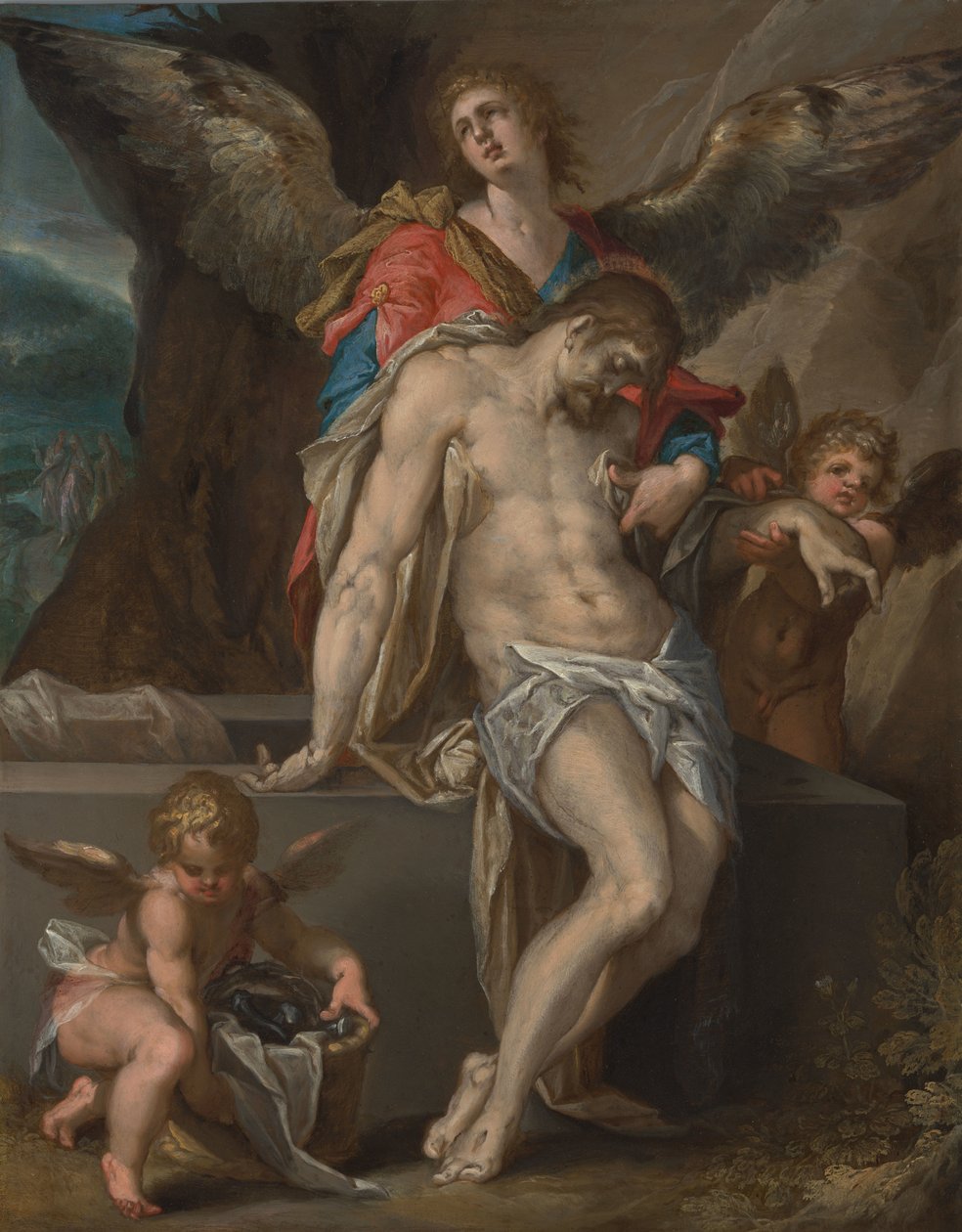 Enkelit kantavat Kristuksen ruumista (Angelenpietà) tekijältä Bartholomeus Spranger