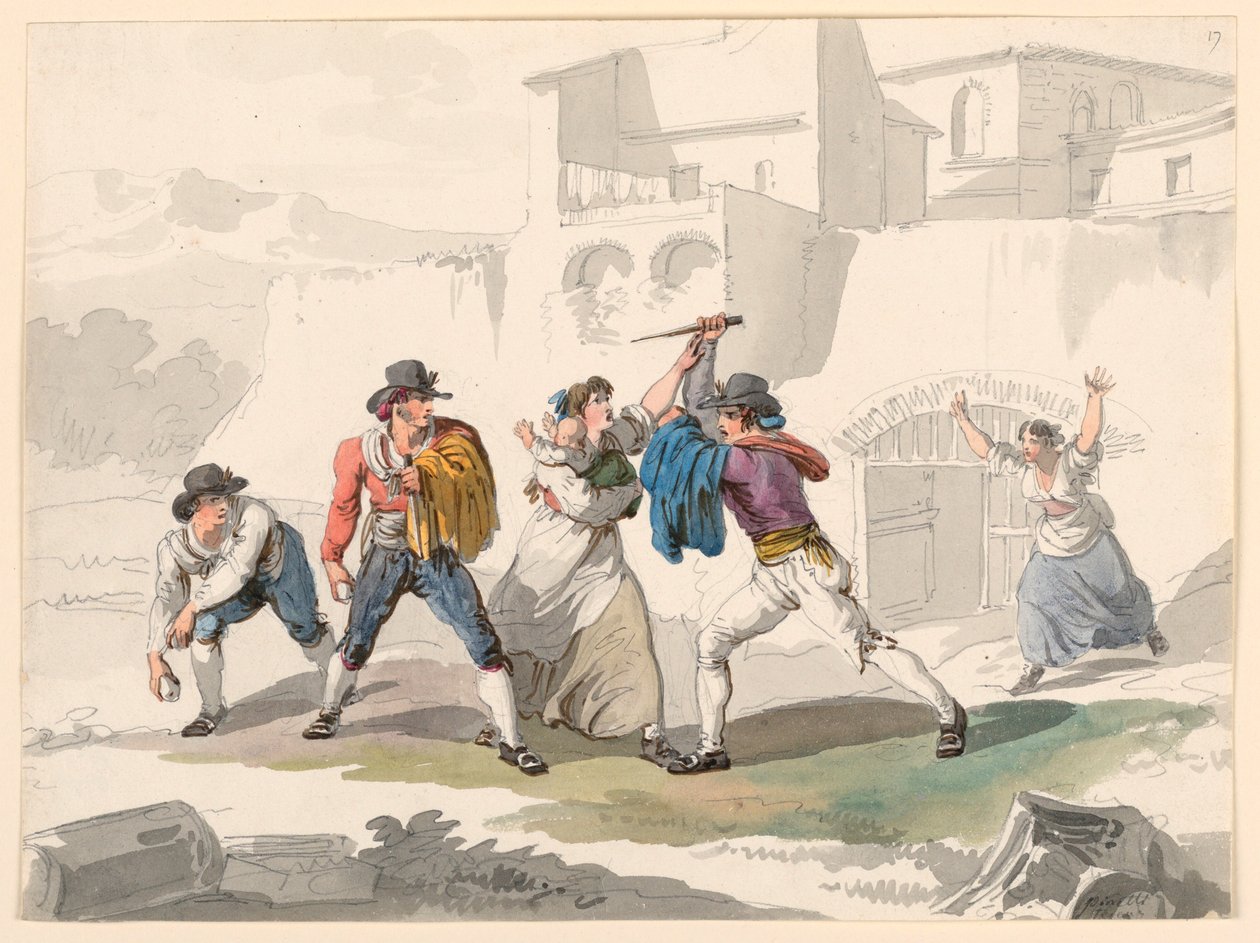 Piirros, Kotiriita Tivolissa, 1807-08. tekijältä Bartolomeo Pinelli