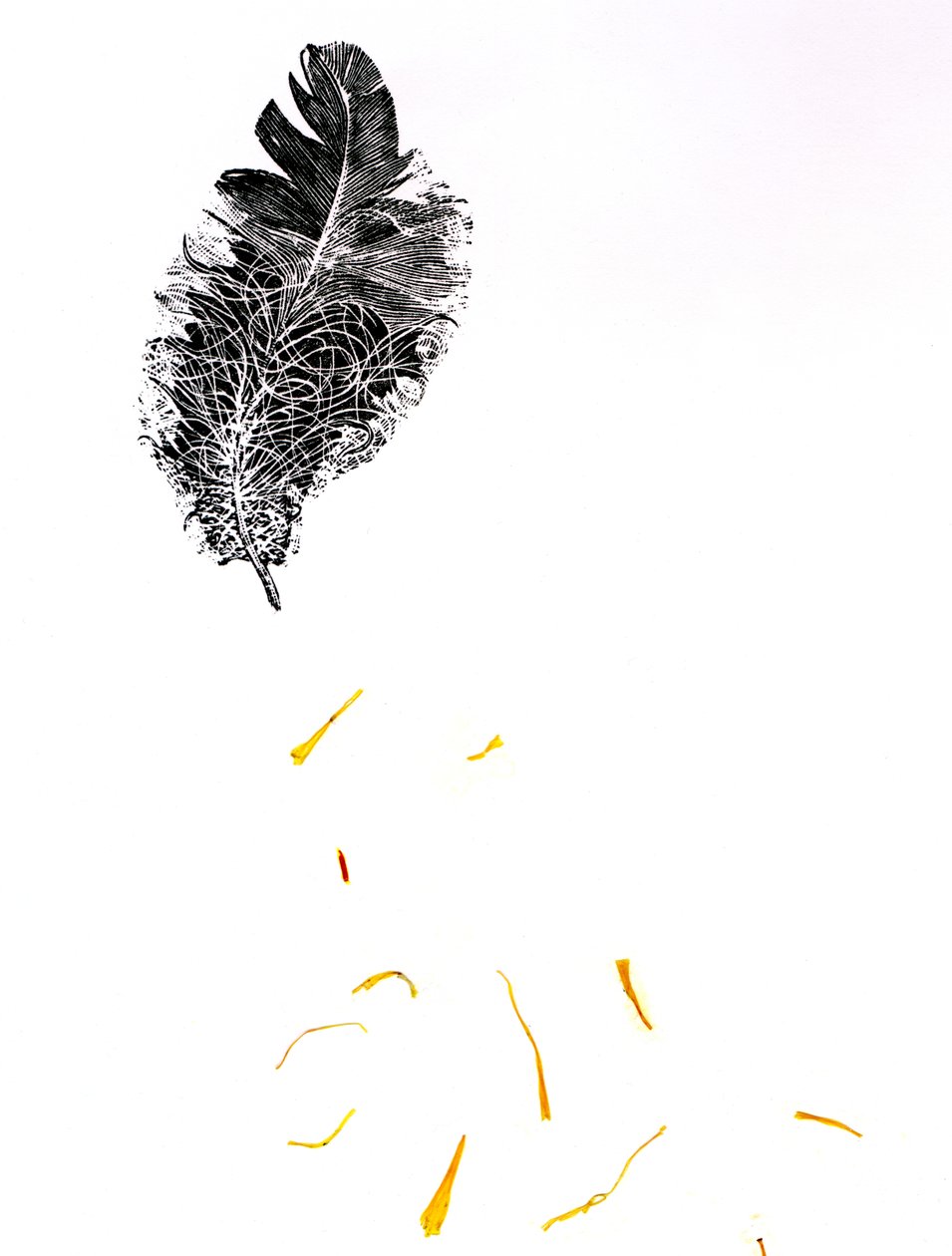 Sulka {Fay-erie Dust}, 2014 (puukaiverrus ja kasvikappaleet paperille) tekijältä Bella Larsson