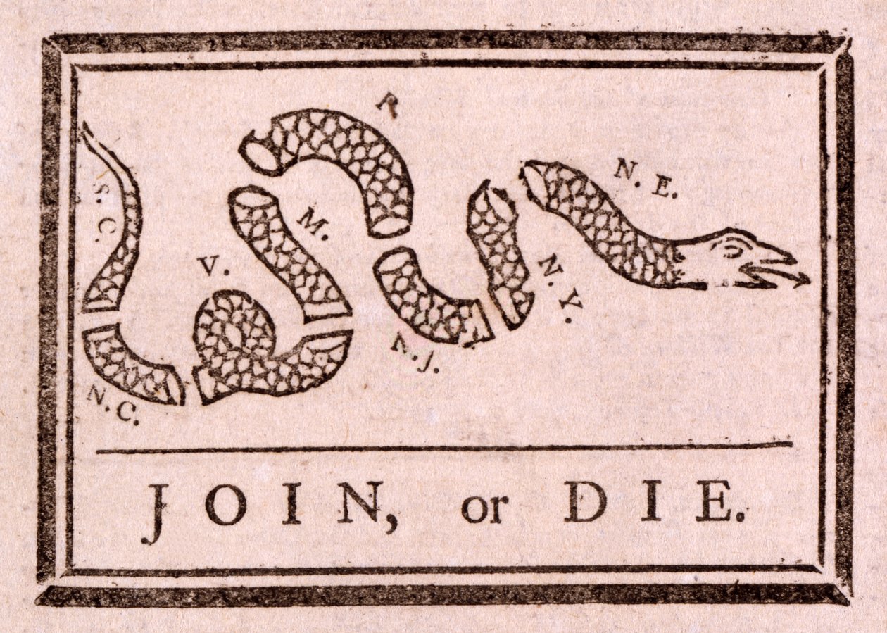 Liity tai kuole, pub. 1754 tekijältä Benjamin Franklin