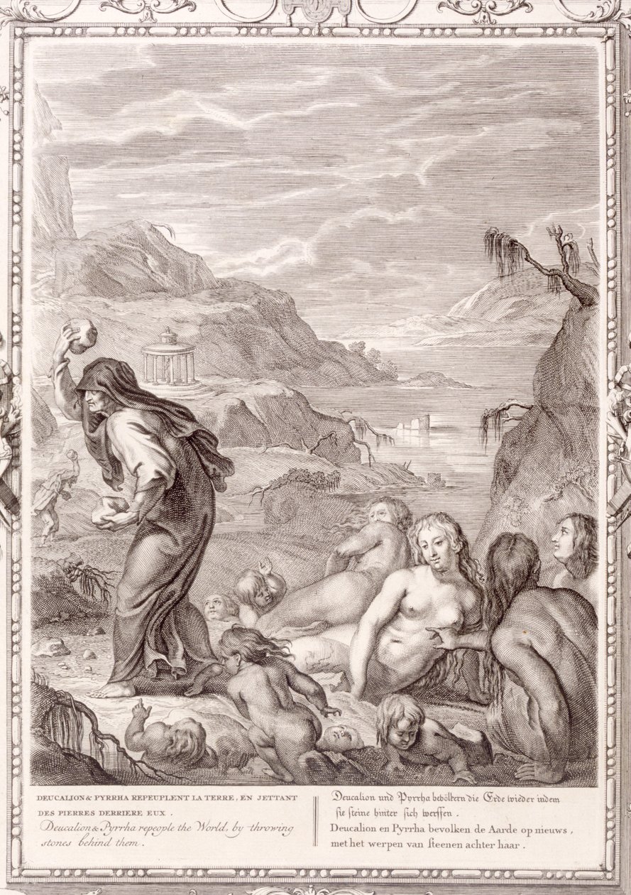 Deukalion ja Pyrrha reprodusoivat maailman heittämällä kiviä taakseen, 1731. tekijältä Bernard Picart