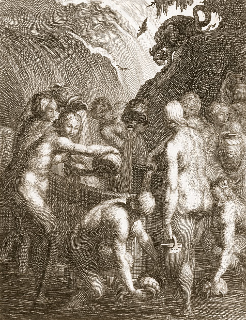 Danaidit, jotka on tuomittu täyttämään tylsiä aluksia vedellä, 1730 tekijältä Bernard Picart