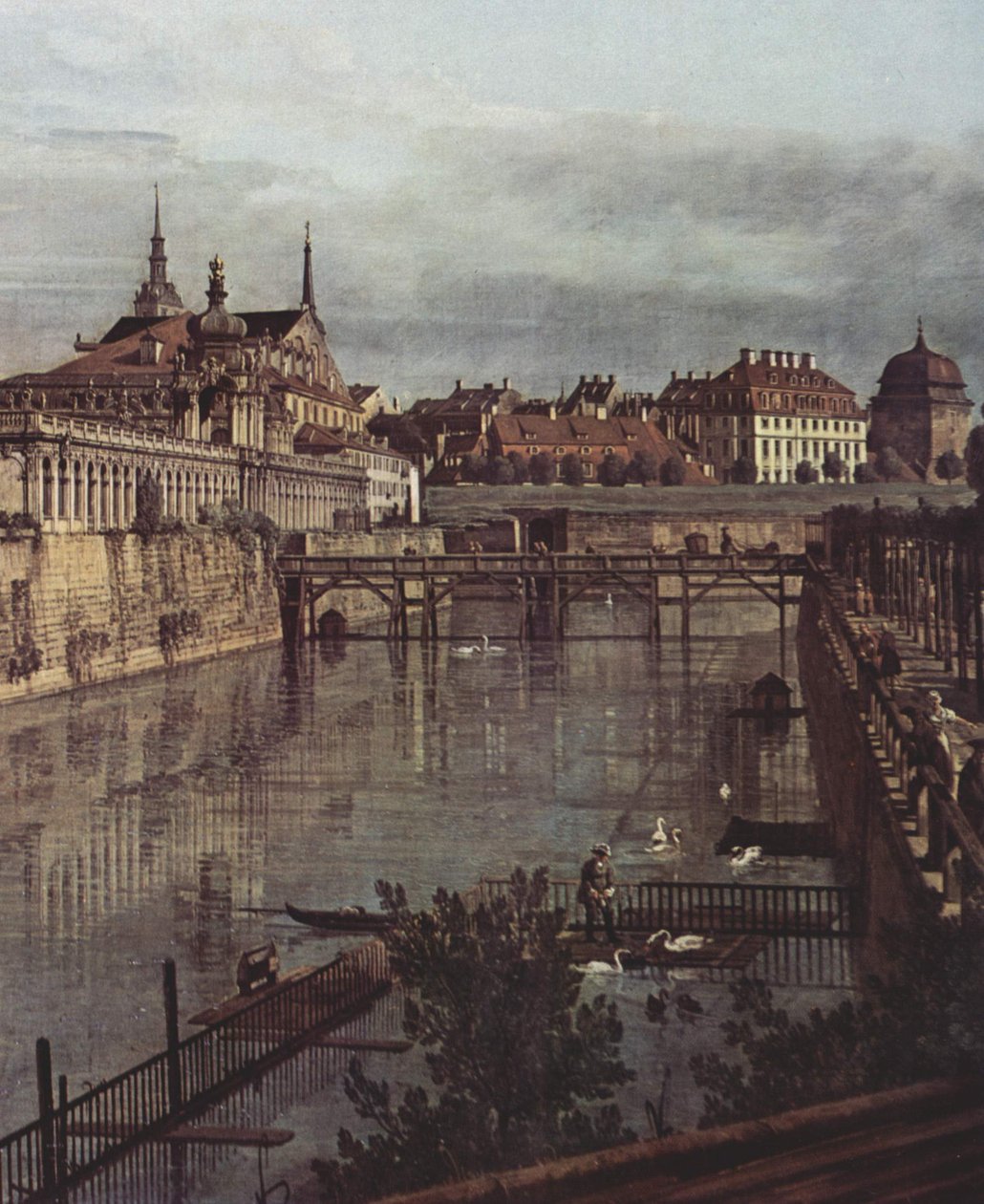 Ansicht von Dresden, Der alte Wassergraben des Zwingers, von der Orangerie Richtung Stadt aus gesehen tekijältä Bernardo Bellotto