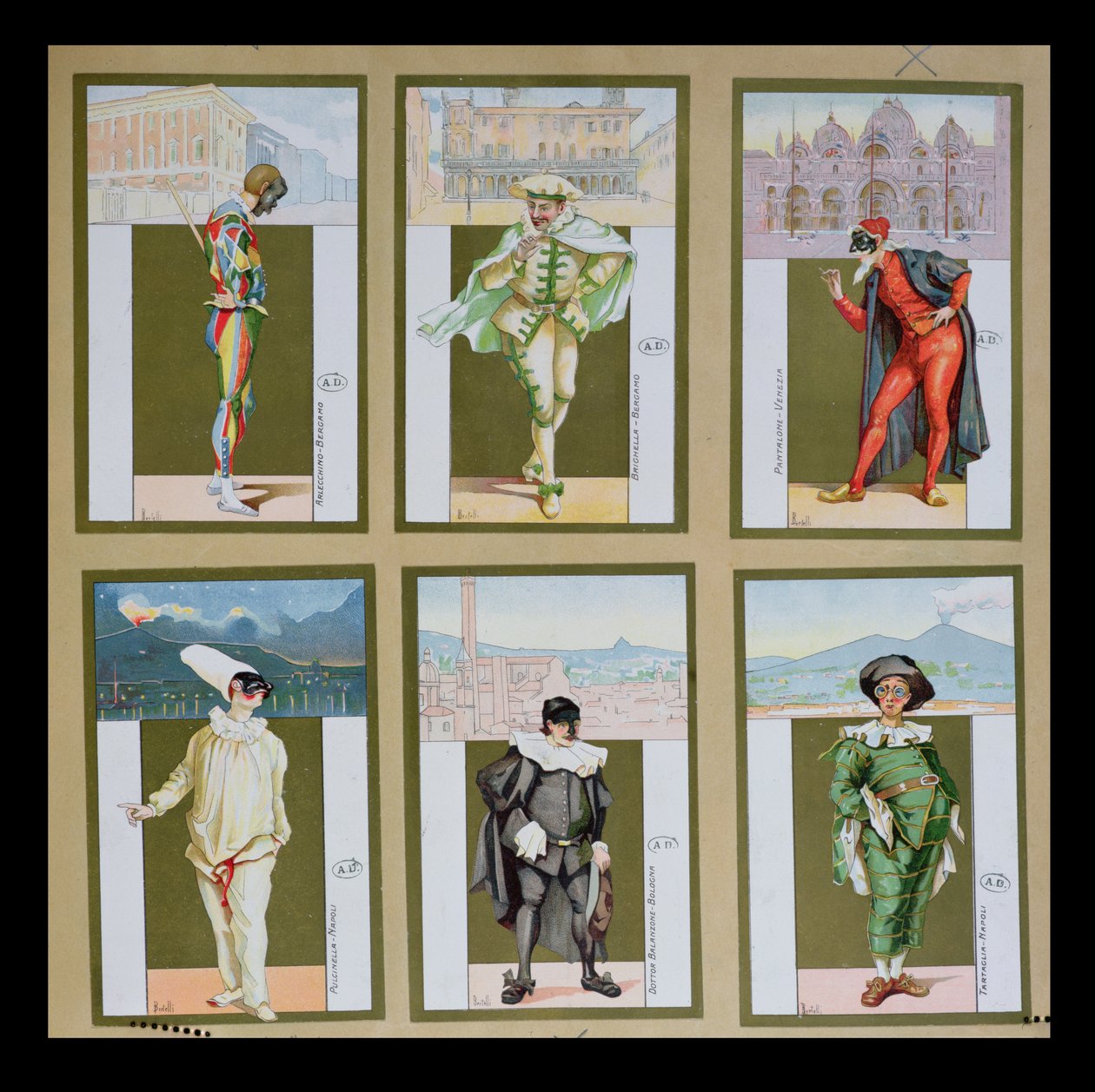 Kuuden vinjetin sarja, jotka kuvaavat Commedia dellArten hahmoja, n. 1900 tekijältä Bertelli