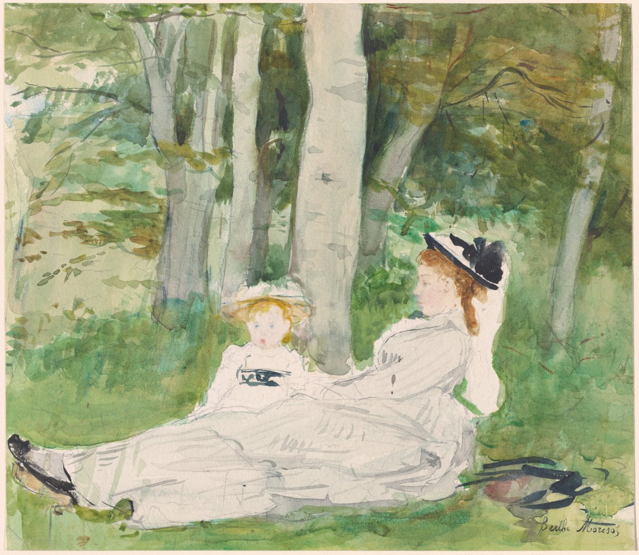 Metsän reunalla (Edma ja Jeanne), n.1872 (wc ja grafiitti paperilla) tekijältä Berthe Morisot