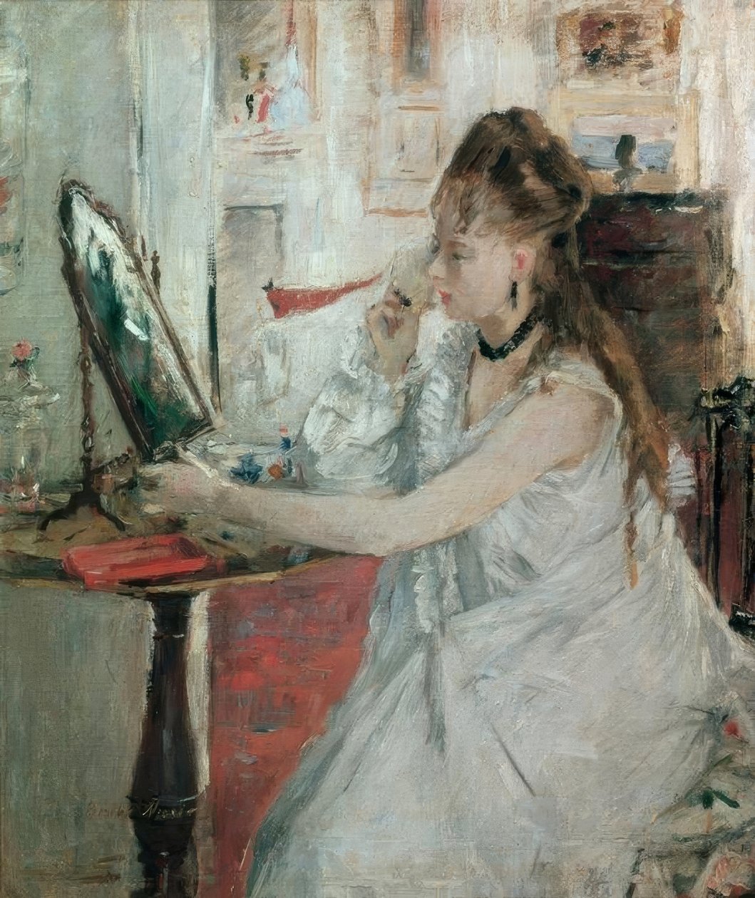 Nuori nainen puuteroi itsensä (Junge Frau, sich pudernd) tekijältä Berthe Morisot