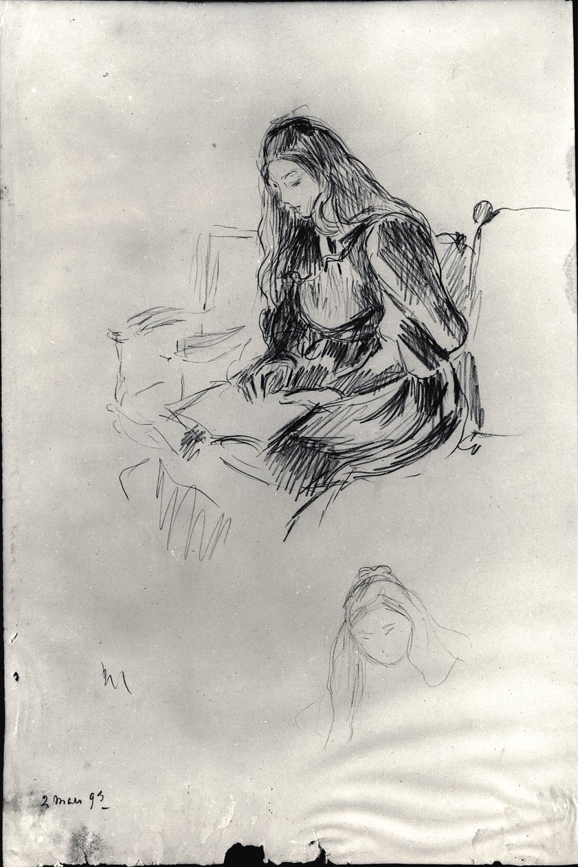 Julie Manet (1878-1966) lukema, 2. maaliskuuta 1893 (musta lyijy paperilla) tekijältä Berthe Morisot