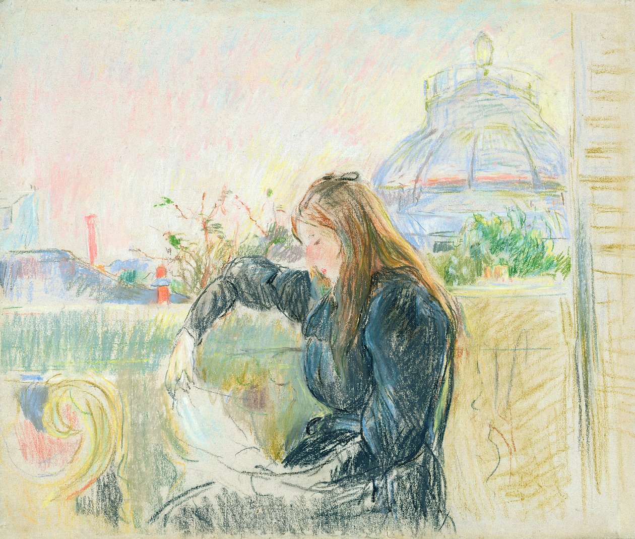 Parvekkeella, 1893 (pastelli paperille) tekijältä Berthe Morisot