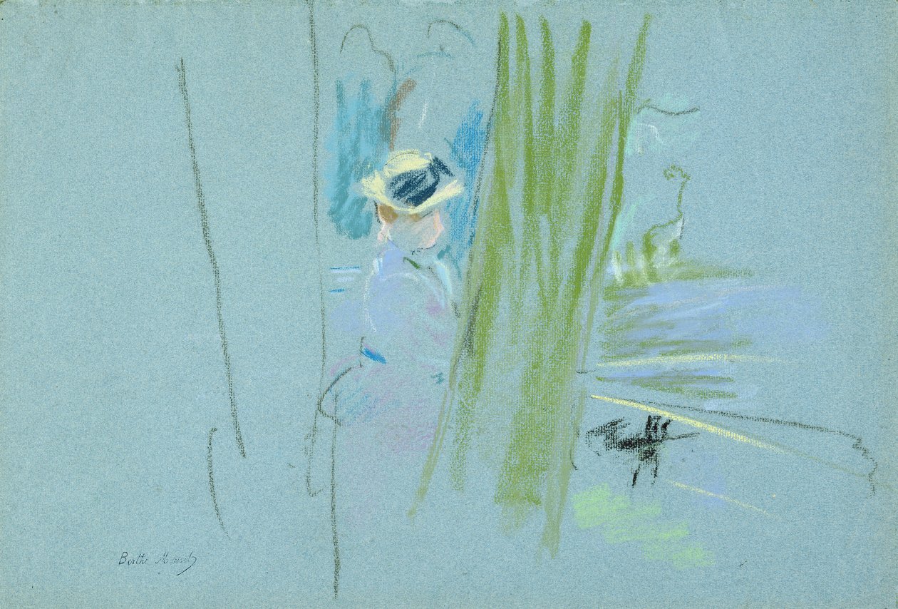 Nainen kalastamassa järvellä, 1885 (pastelli paperille) tekijältä Berthe Morisot