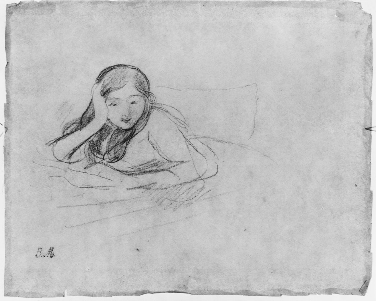 Nuori tyttö lukee, 1889 (musta lyijy paperilla) tekijältä Berthe Morisot