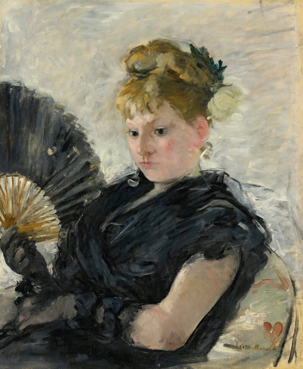 Nainen tuulettimen kanssa, 1876. tekijältä Berthe Morisot