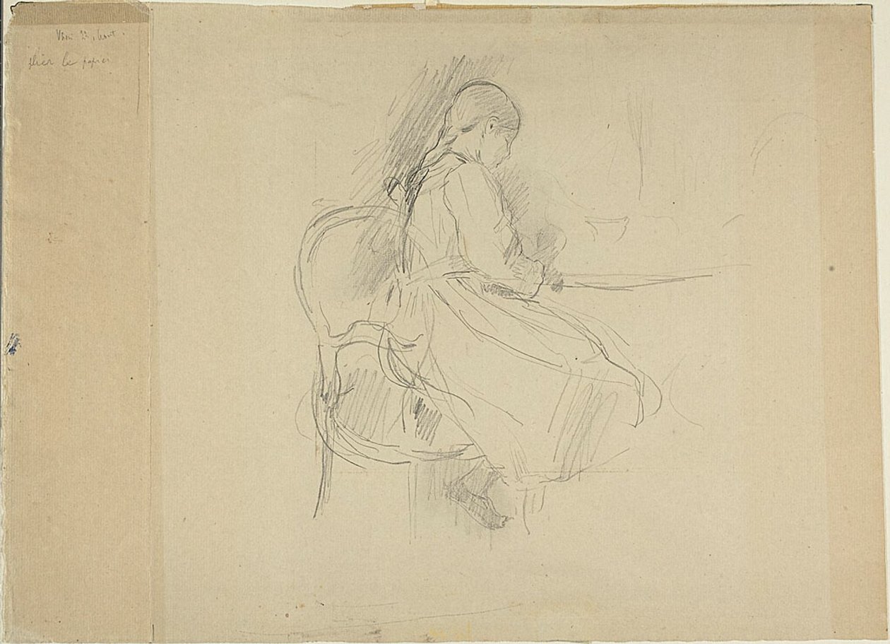 Nuori tyttö istuu pöydän ääressä tekijältä Berthe Morisot