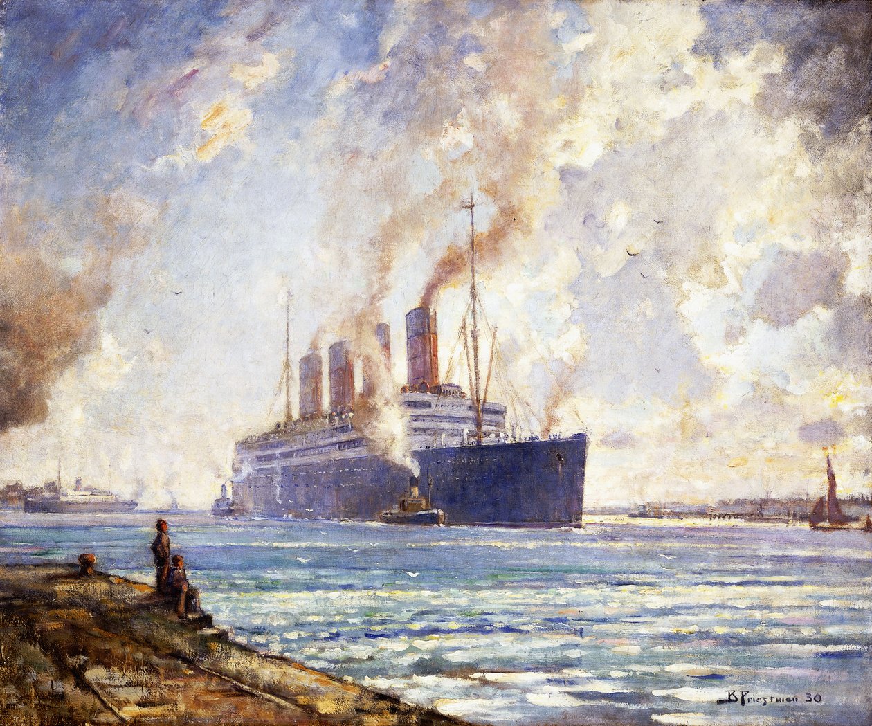 Aquitania tulee Southampton Waterille tekijältä Bertram Priestman
