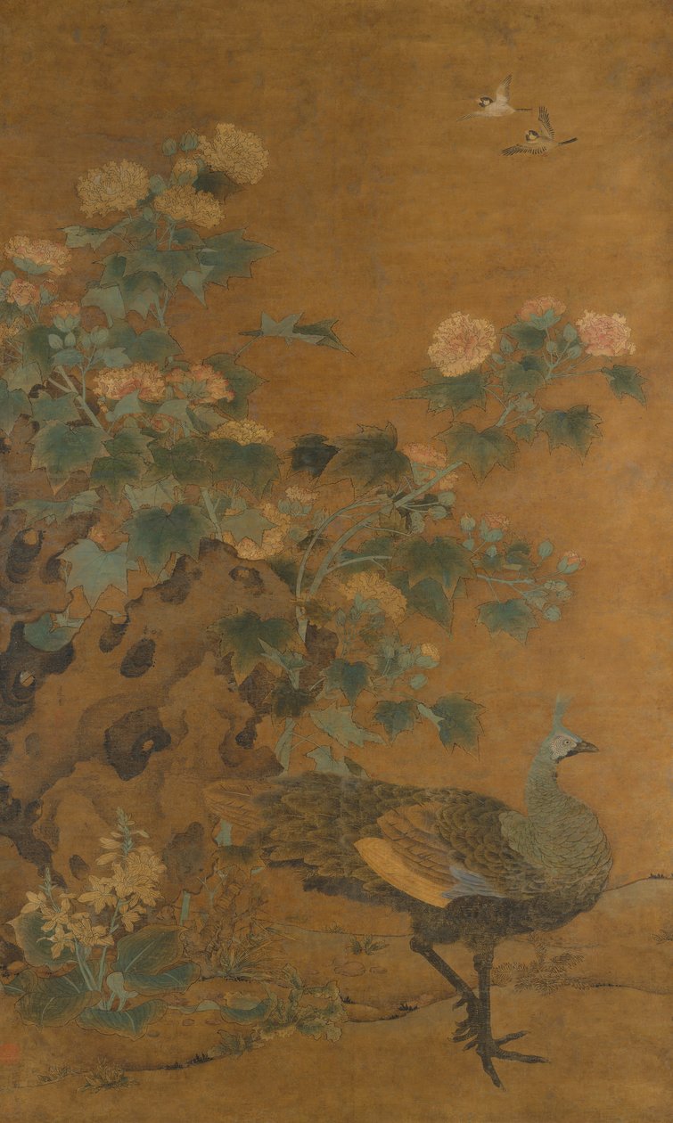 Peacock and Hollyhocks, 1300-luvun puoliväli. tekijältä Bian Lu