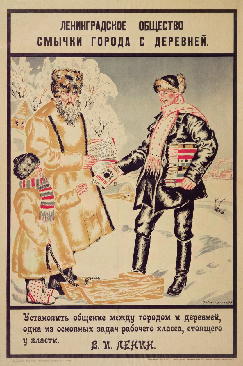Juliste, joka kuvaa "Kaupungin ja maaseudun liittoa", 1925 tekijältä Boris Mikhailovich Kustodiev