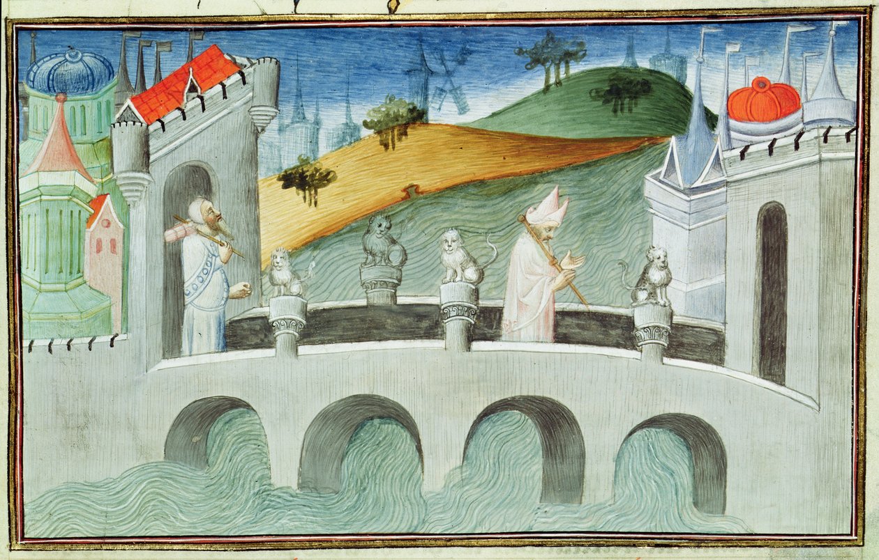 Ms 2810 f.49, silta Lou-Keoun yli, lähellä Pekingiä sijaitsevaa maakuntaa, "Livre des Merveilles du Mondesta", n. 1410-1412 (tempera vellum) tekijältä Boucicaut Master