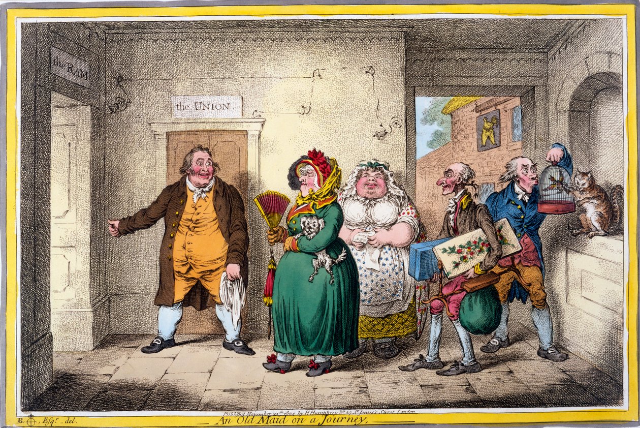 Vanha piika matkalla, printti James Gillray, 1804 (käsinvärinen kaiverrus) tekijältä Brownlow North