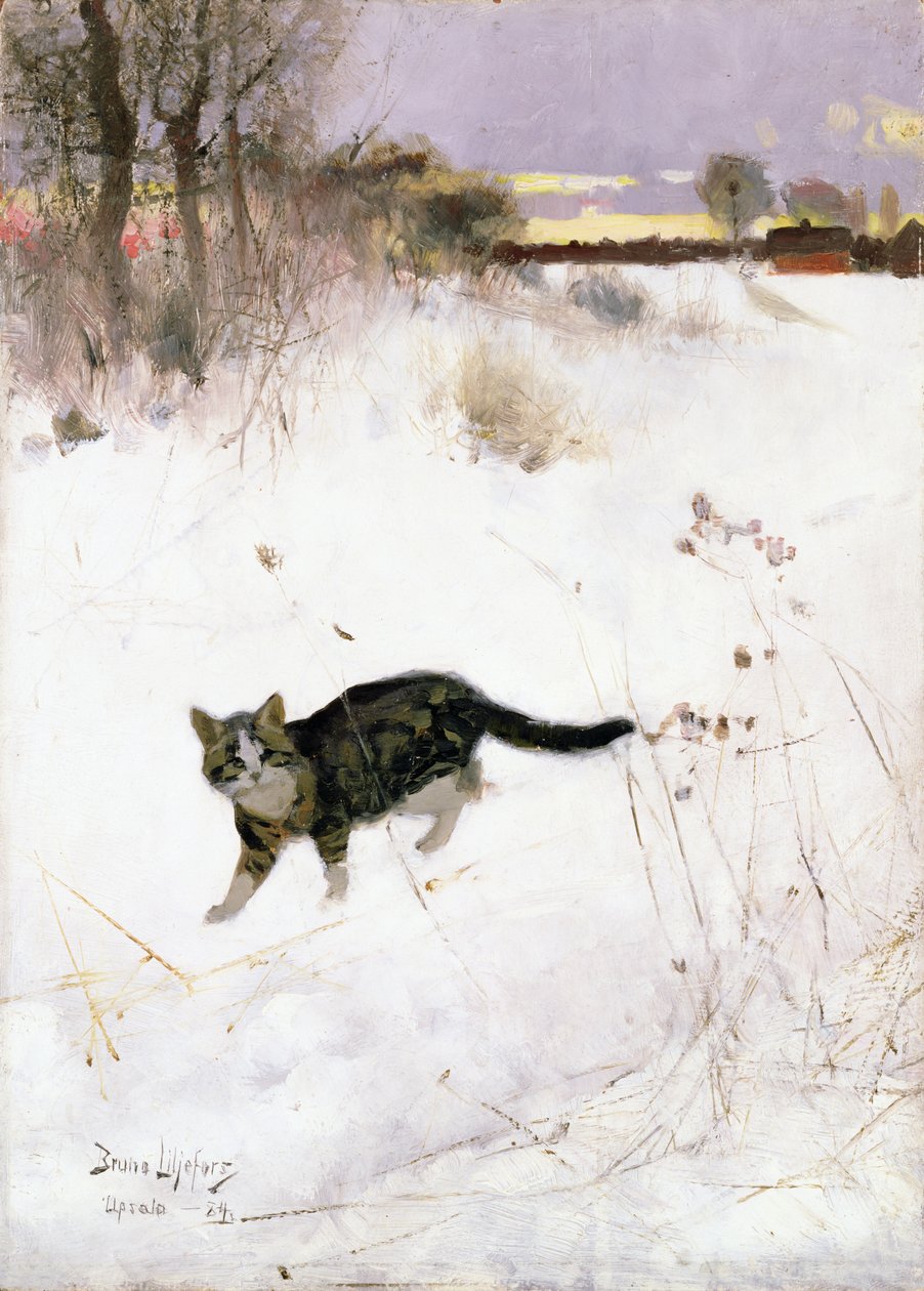 Kissa vaanii lumen yli, 1884 (paneeli) tekijältä Bruno Andreas Liljefors