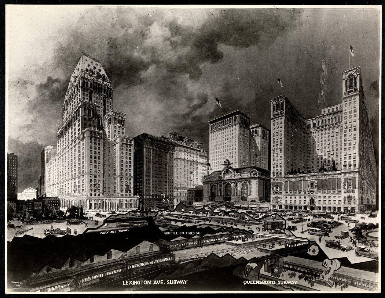 H. Biedermannin valokuva piirroksesta Pershing Squaren ympärillä olevista metroreiteistä, 1919 (hopeagelatiiniprintti) tekijältä Byron Company