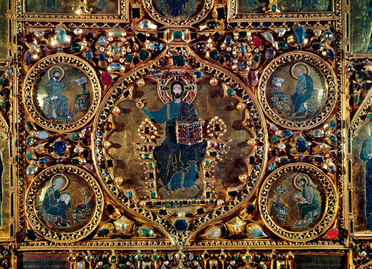 Pala dOro, yksityiskohta Kristuksesta majesteettina evankelistojen kanssa kulta ja emali, kuoret jalokivillä kuorrutettu. tekijältä Byzantine