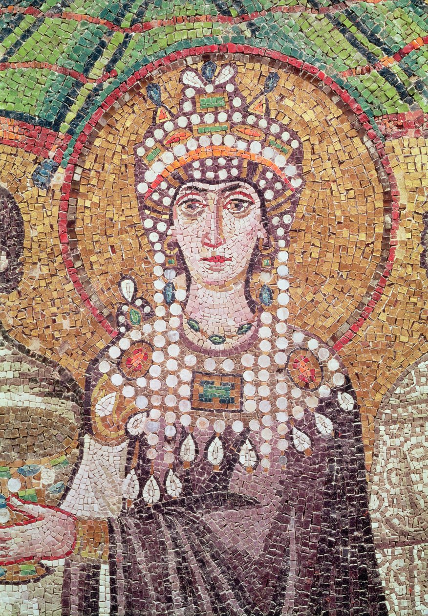 Keisarinna Theodora kahden ministerin ja seitsemän naisen hovin kanssa, yksityiskohta Theodorasta, n. 547 jKr. tekijältä Byzantine School