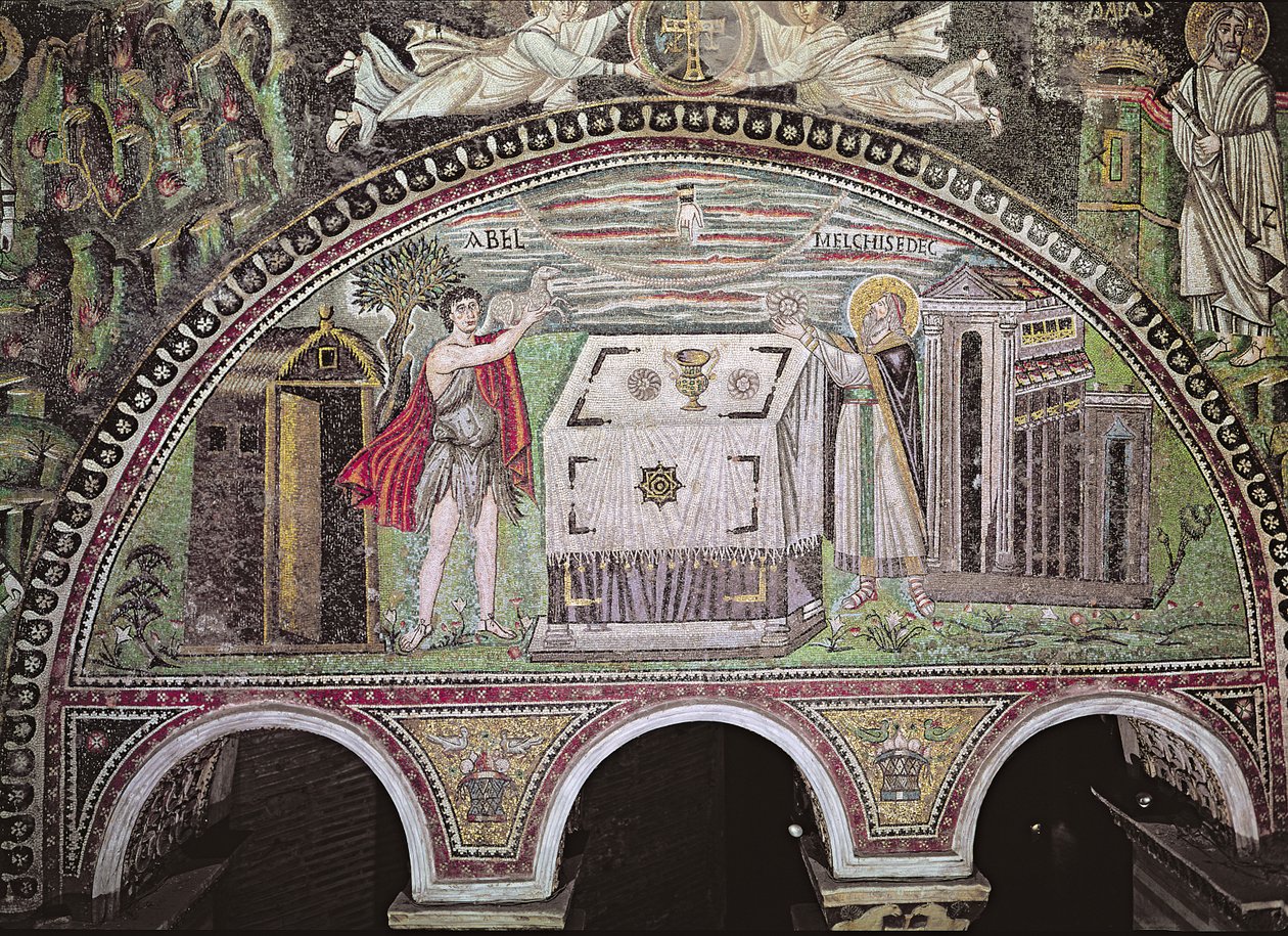 Abel uhraamassa karitsaa ja Melkisedek uhraamassa leipää alttarilla, lunette basilikan eteläseinällä (mosaiikki) tekijältä Byzantine School