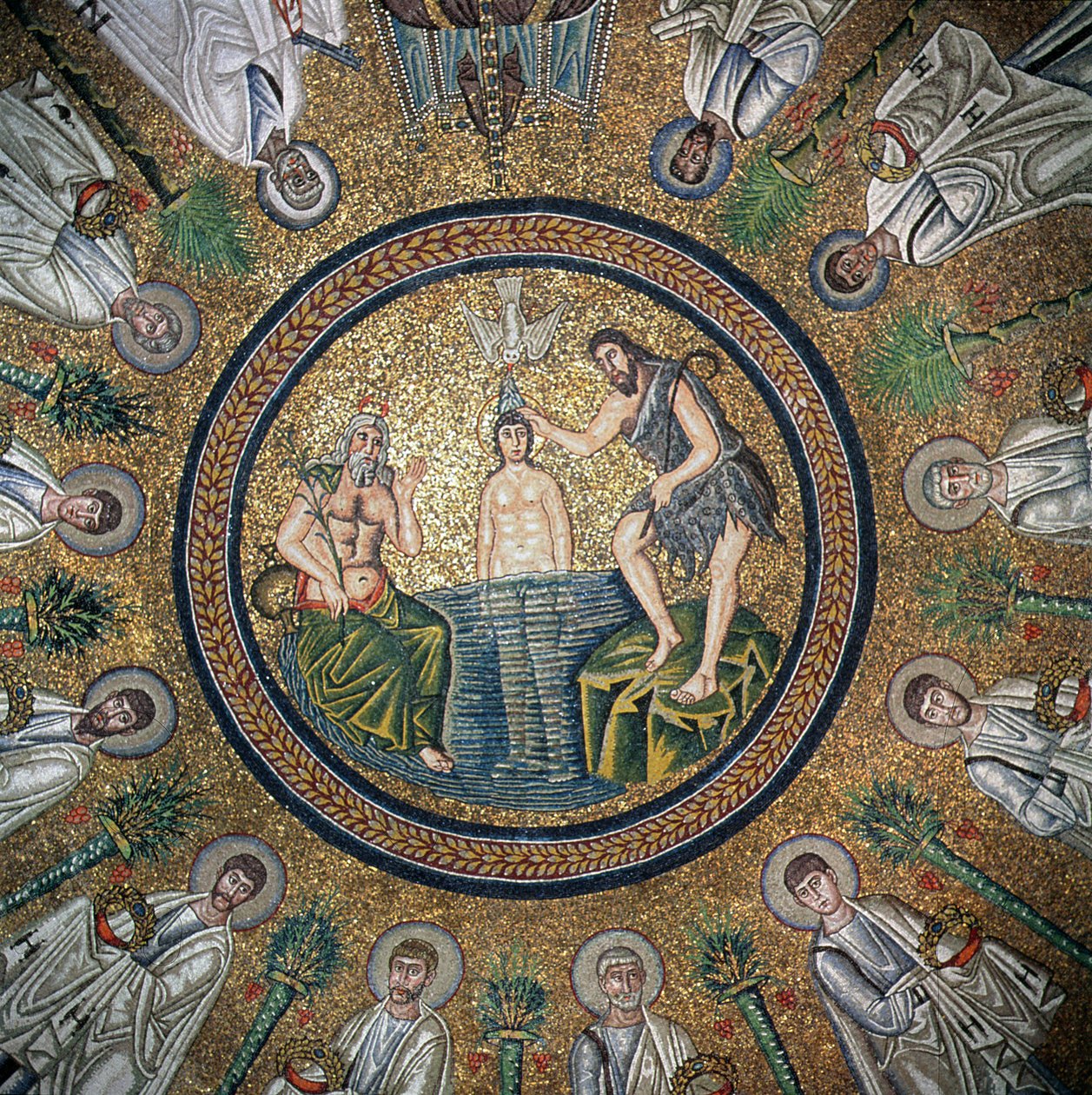 Kristuksen kaste, kahdentoista apostolin ympäröimä (mosaiikki) tekijältä Byzantine School