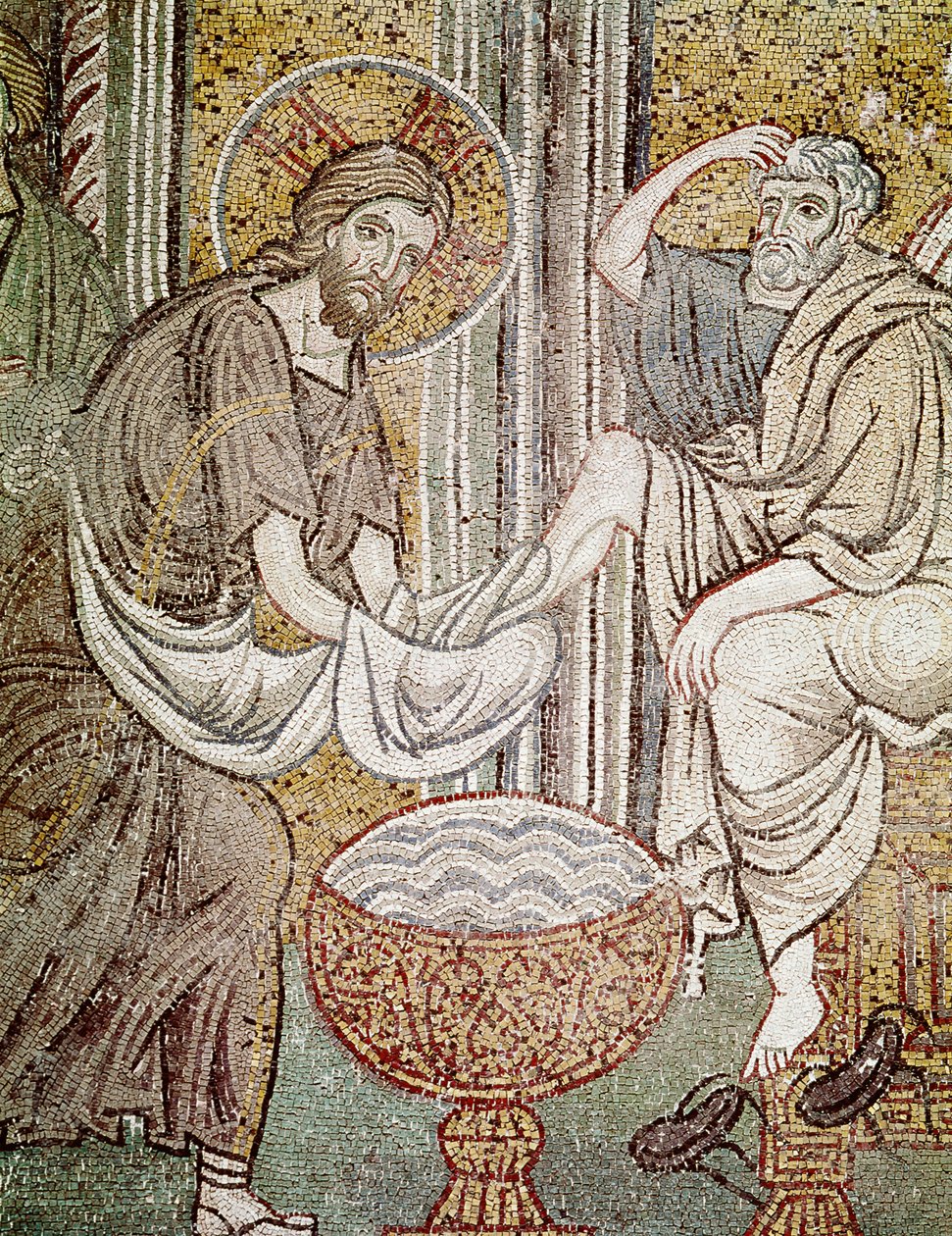 Jeesus ja pyhä Pietari, yksityiskohta Jeesuksesta, joka pesee apostolin jalkoja (mosaiikki) tekijältä Byzantine School