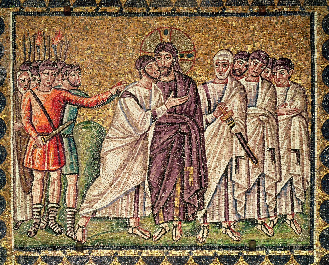 Juudaksen suudelma, kohtauksia Kristuksen elämästä (mosaiikki) tekijältä Byzantine School