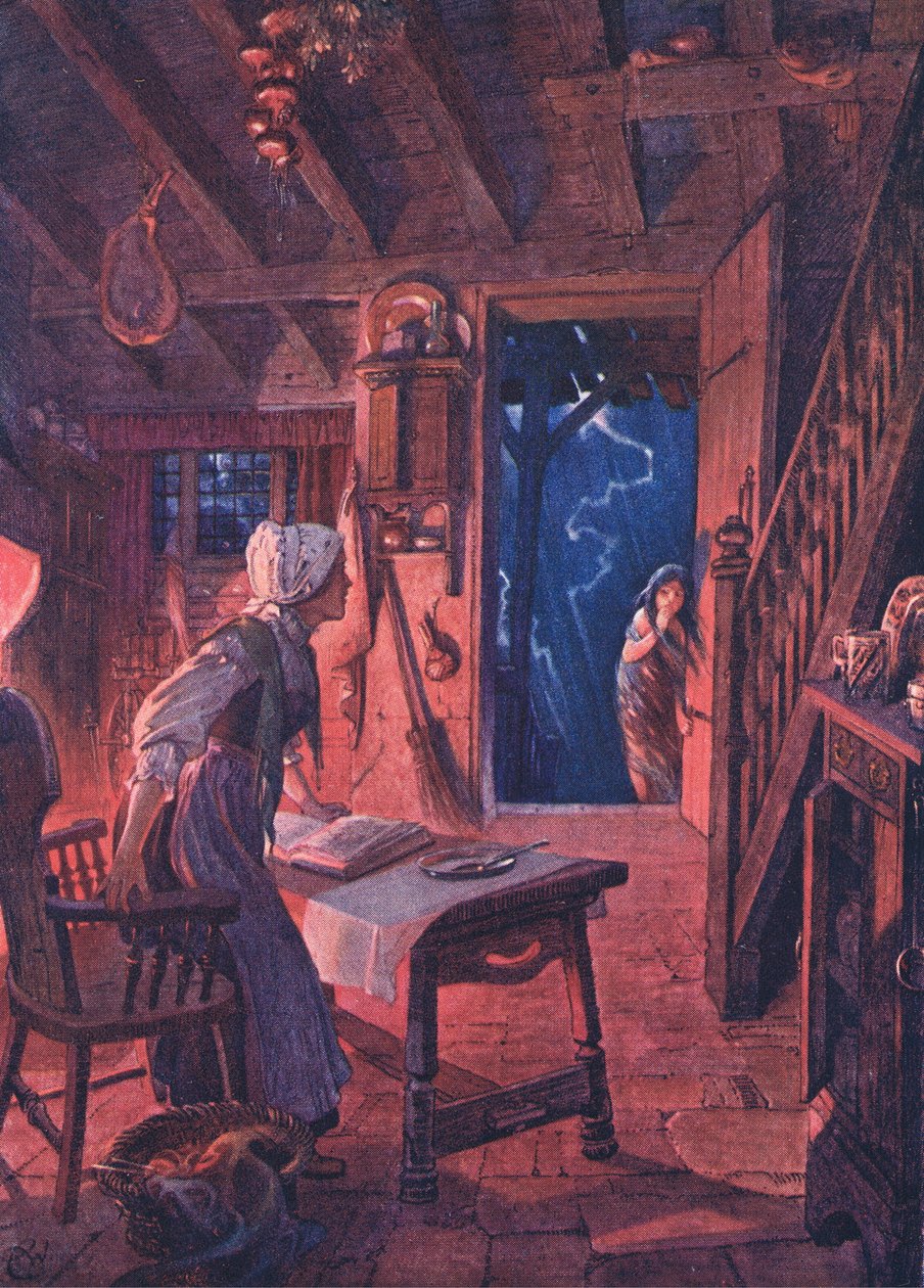 Ovi lensi auki, ja kynnyksellä hämmästynyt nainen näki nuoren tytön, The Child of the Air -pubista, Duckworth, 1910 tekijältä C. Wilhelm