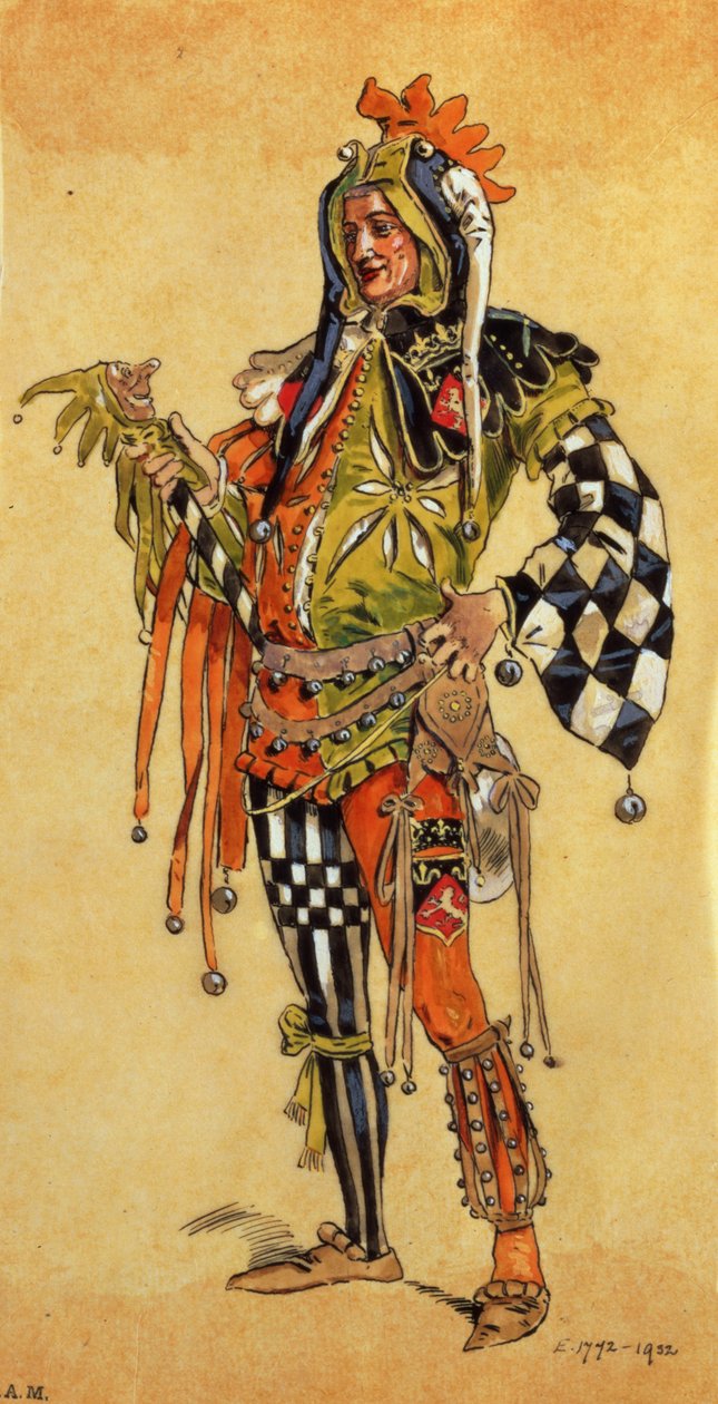 Touchstone the Clown, pukusuunnittelu elokuvalle As You Like It, tuottaja R. Courtneidge Princes Theatressa Manchesterissa tekijältä C. Wilhelm
