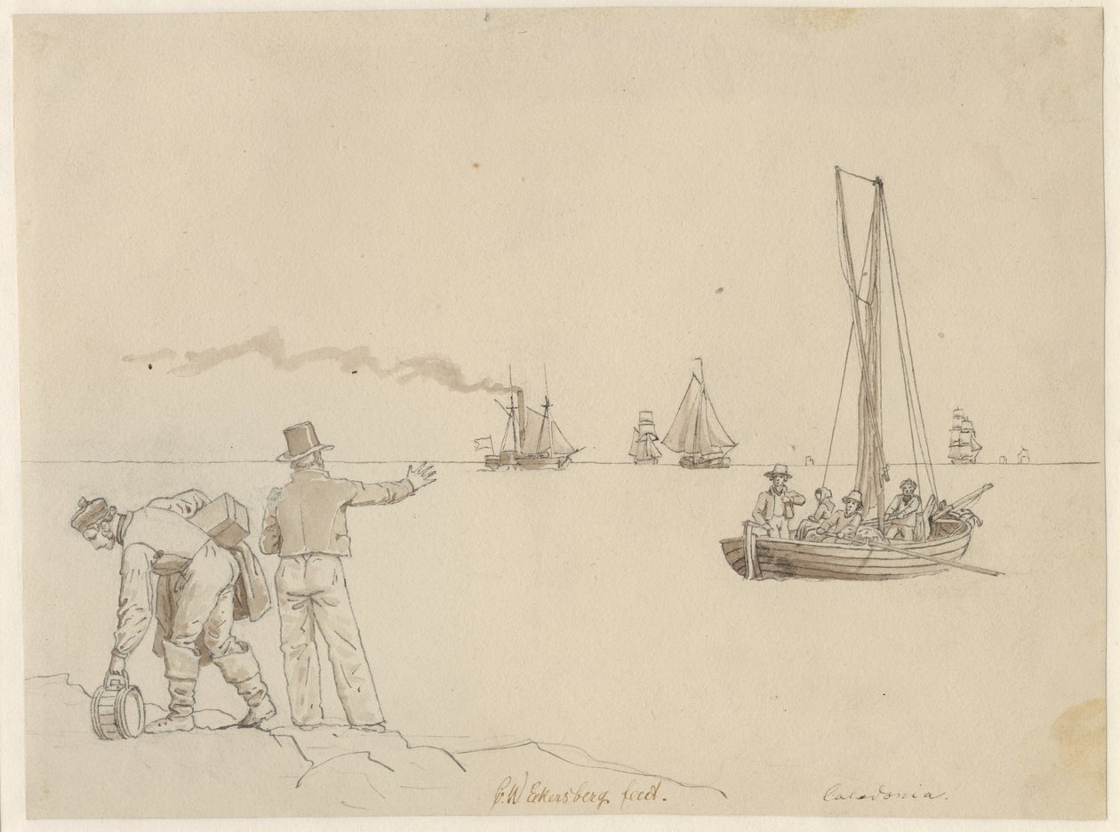 Matkustajat siirretään höyrylaivaan Caledonia. tekijältä Christoffer Wilhelm Eckersberg