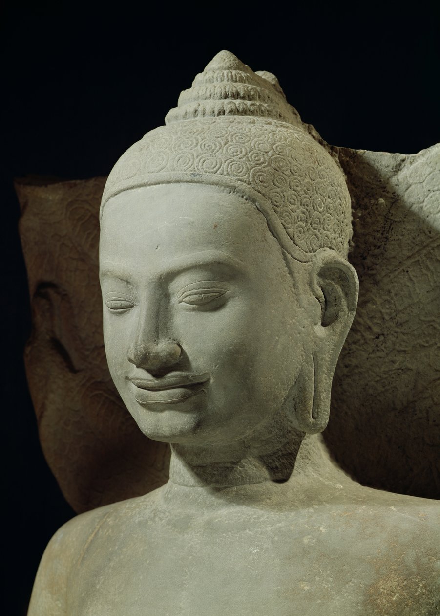 Buddha mietiskelemässä Naga-kuningasta, Mucilinda, Buddhan pään yksityiskohta, Preah Khan, Bayon-tyyli, 1100-1300-luvun hiekkakivi tekijältä Cambodian School