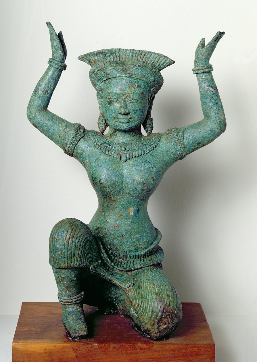Polvistuva naishahmo, jota käytetään peilin tukena, Angkor Thomista (pronssi). tekijältä Cambodian School