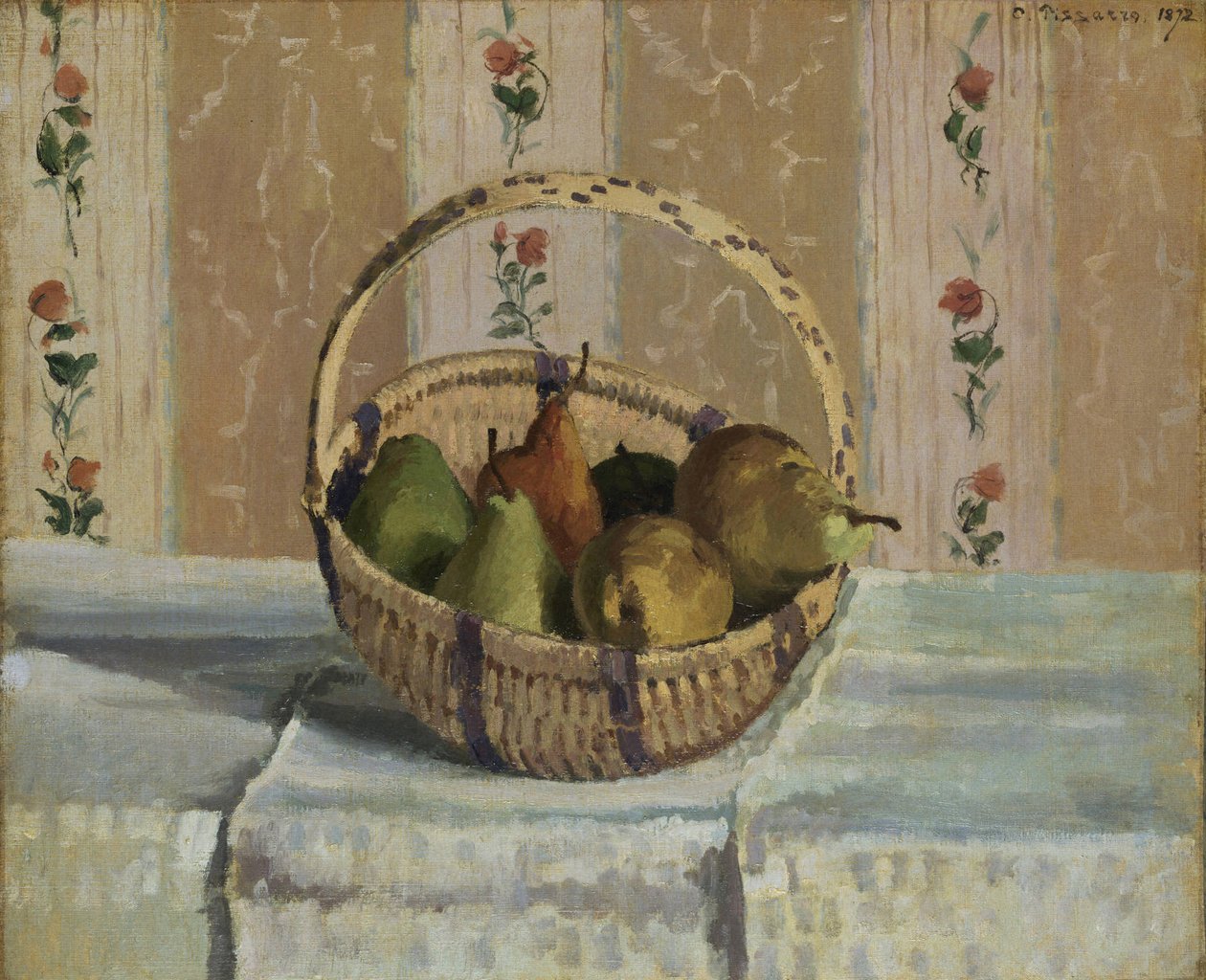 Omenat ja päärynät pyöreässä korissa tekijältä Camille Jacob Pissarro