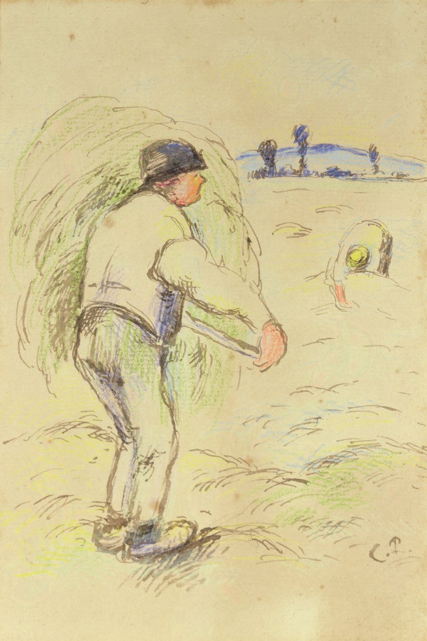 Talonpoikien heinänteko, n. 1884 (wc ja muste paperille) tekijältä Camille Jacob Pissarro