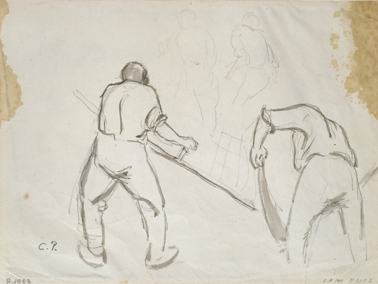 Kolme tutkimusta miespuolisesta sadonkorjaajasta (harmaa pesu ja lyijykynä paperille). tekijältä Camille Jacob Pissarro