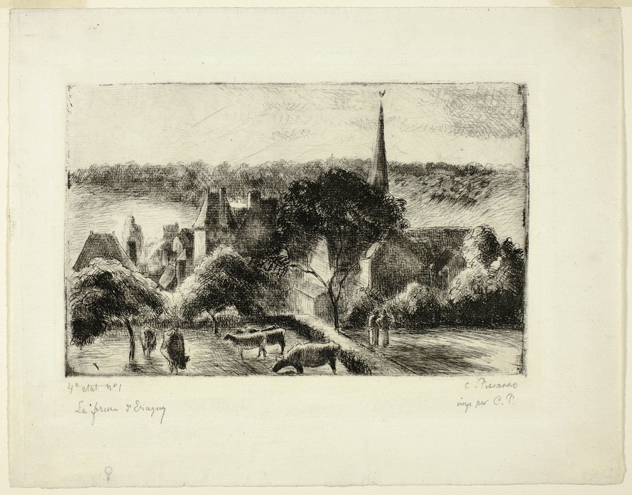 Kirkko ja maatila Éragnyssa tekijältä Camille Pissarro