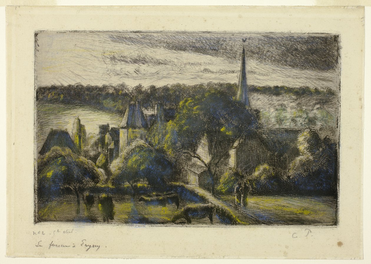 Kirkko ja maatila Éragnyssa tekijältä Camille Pissarro
