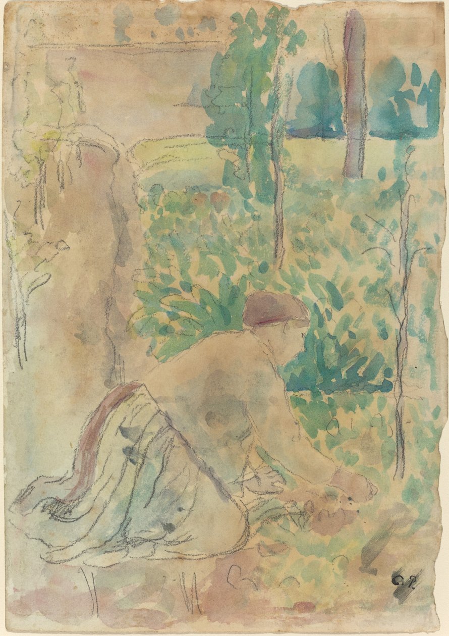 Nainen työskentelee puutarhassa. tekijältä Camille Pissarro