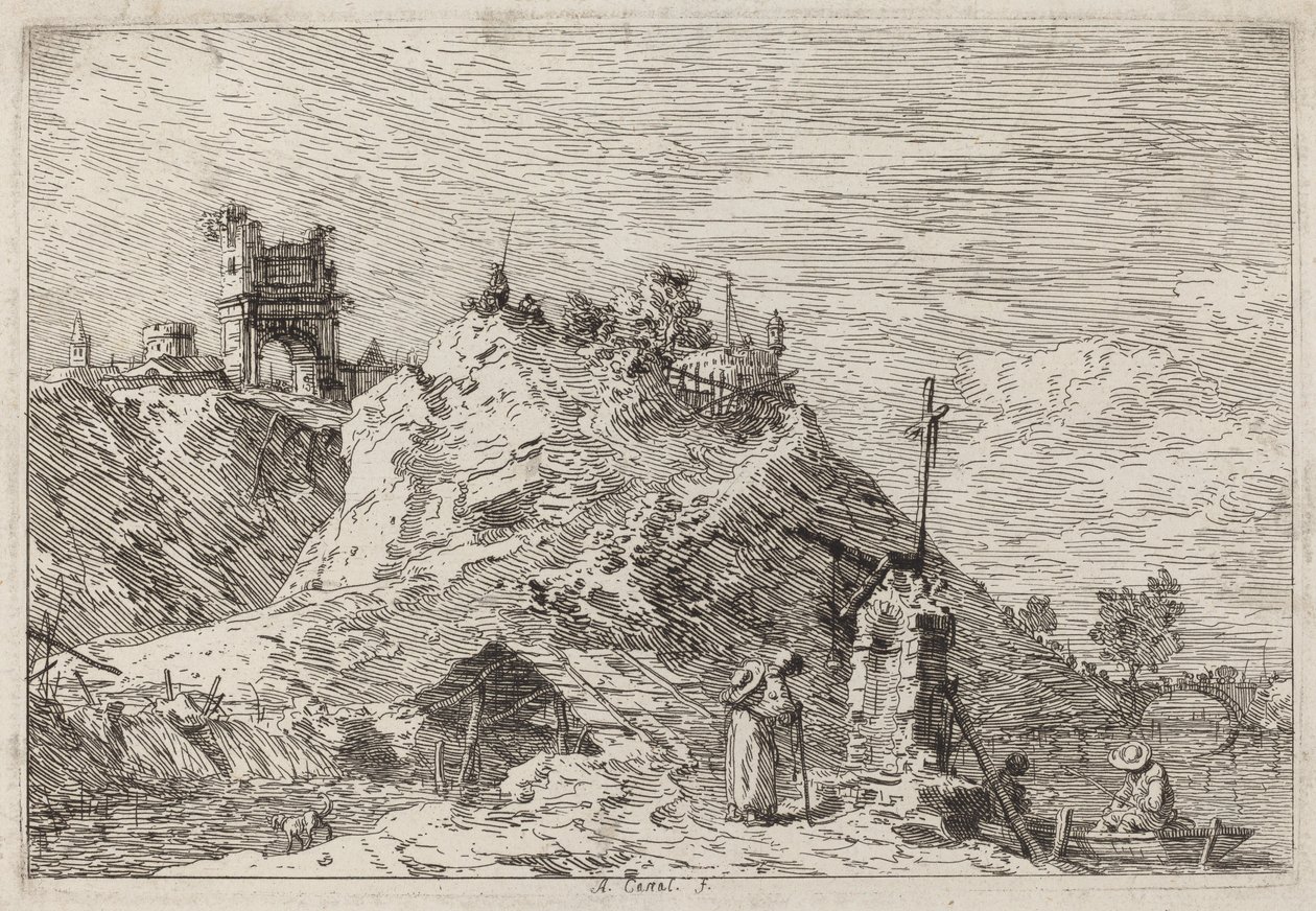 Maisema pyhiinvaeltajan kanssa rukouksessa, n. 17351746. tekijältä Canaletto