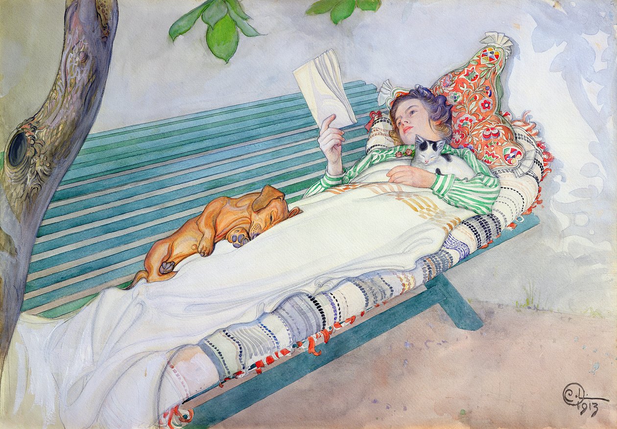 Nainen makaa penkillä, 1913 tekijältä Carl Larsson
