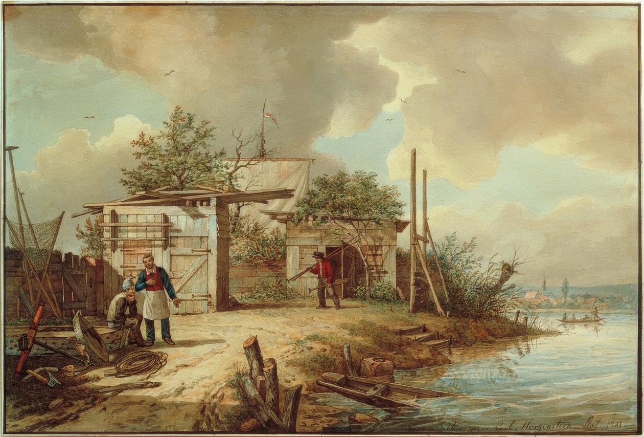C. Morgenstern, Fischerhütten auf der Mainlustinsel tekijältä Carl Morgenstern